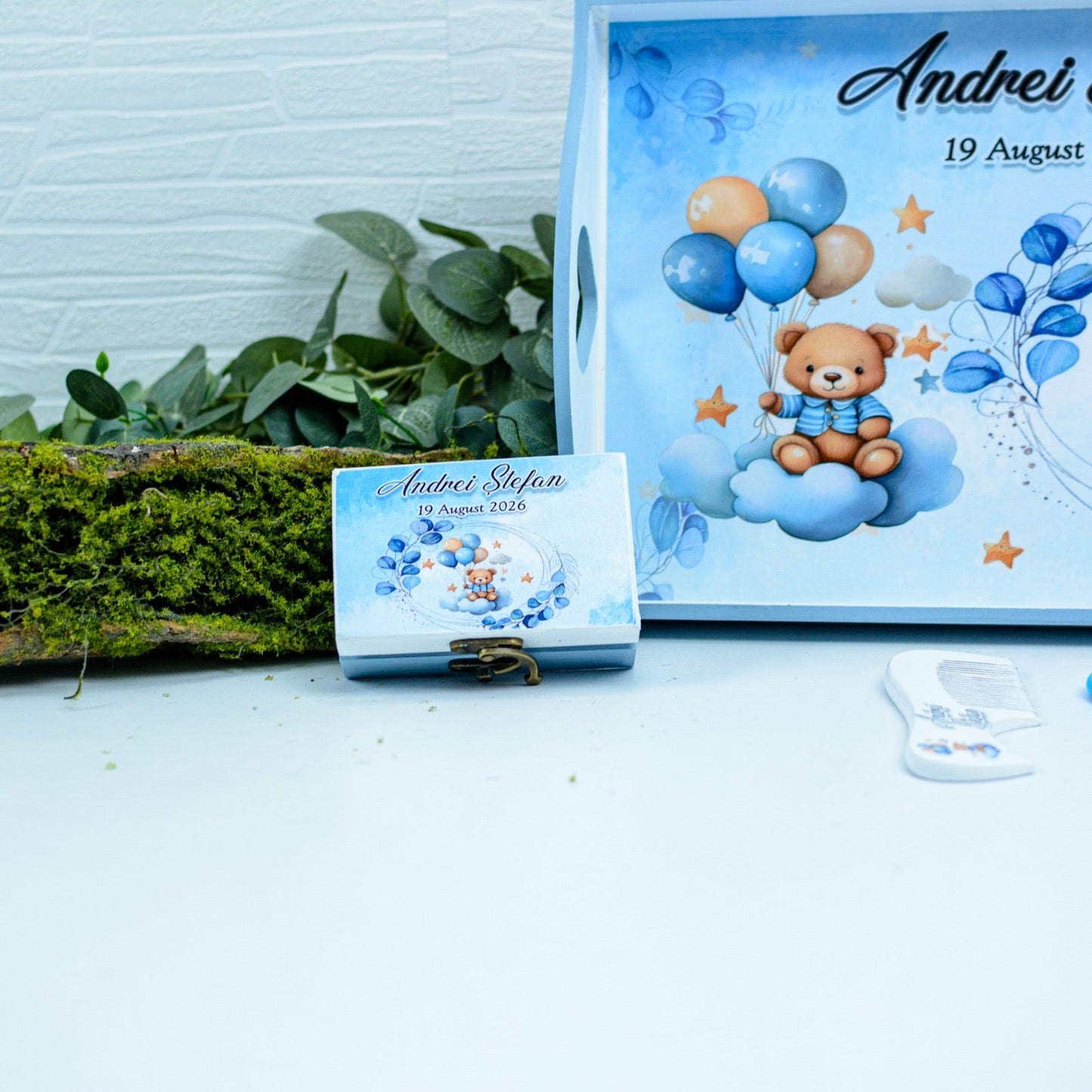 Set Moț Personalizat Ursul cu baloane – Tavă pentru Tăierea Moțului Băiețel RoHandWork