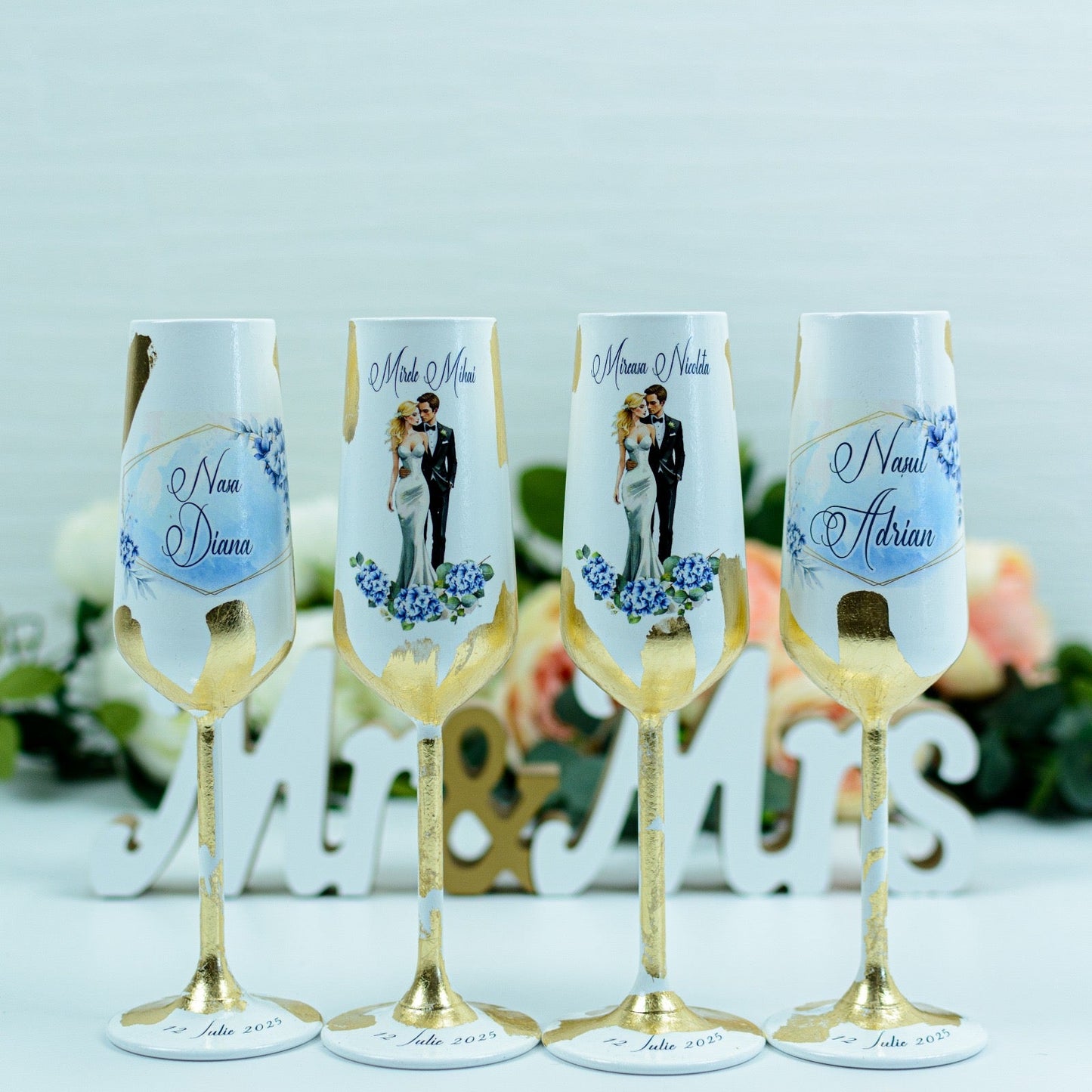 Set pahare nunta personalizate cu Foita aurie -Baby Blue RoHandWork