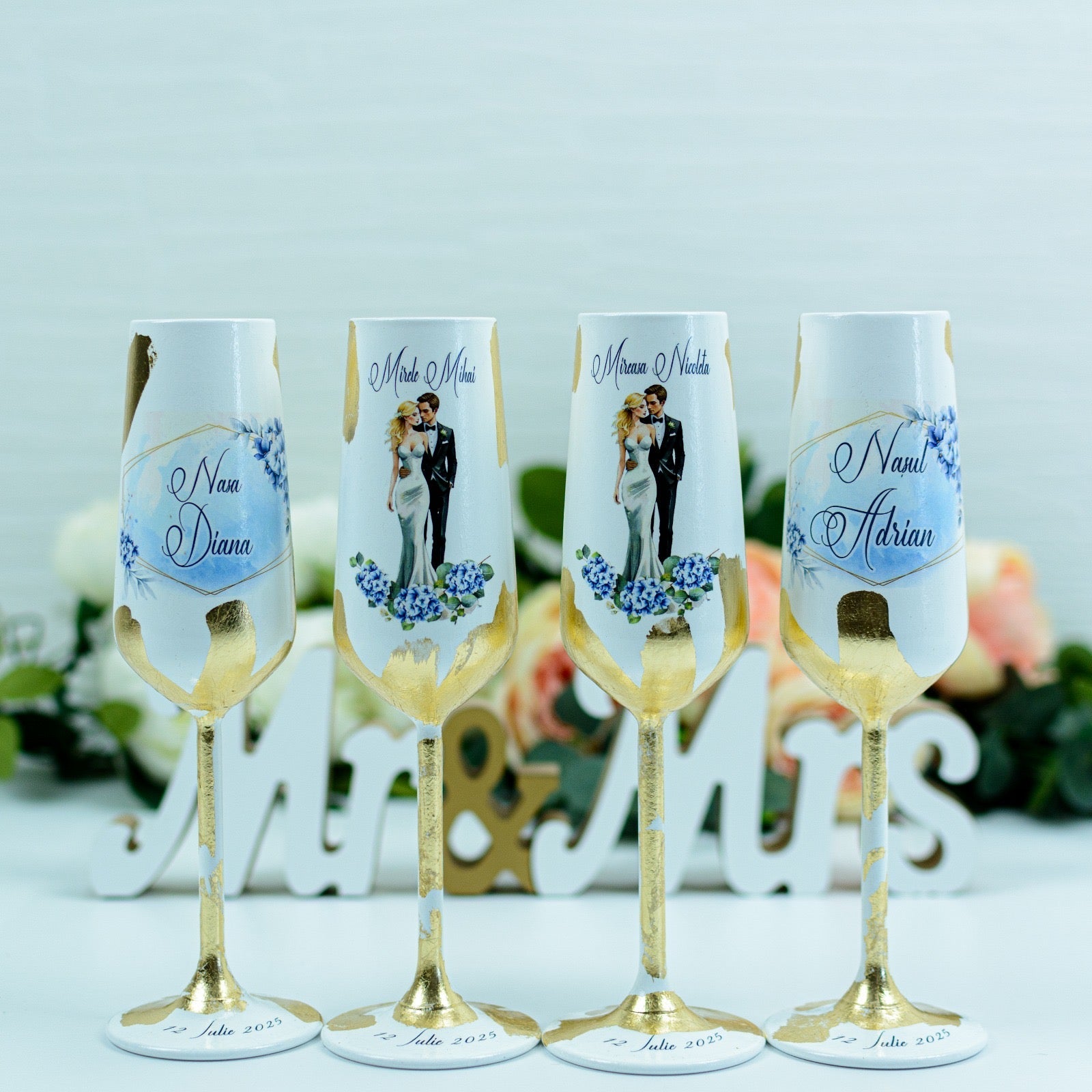 Set pahare nunta personalizate cu Foita aurie -Baby Blue RoHandWork