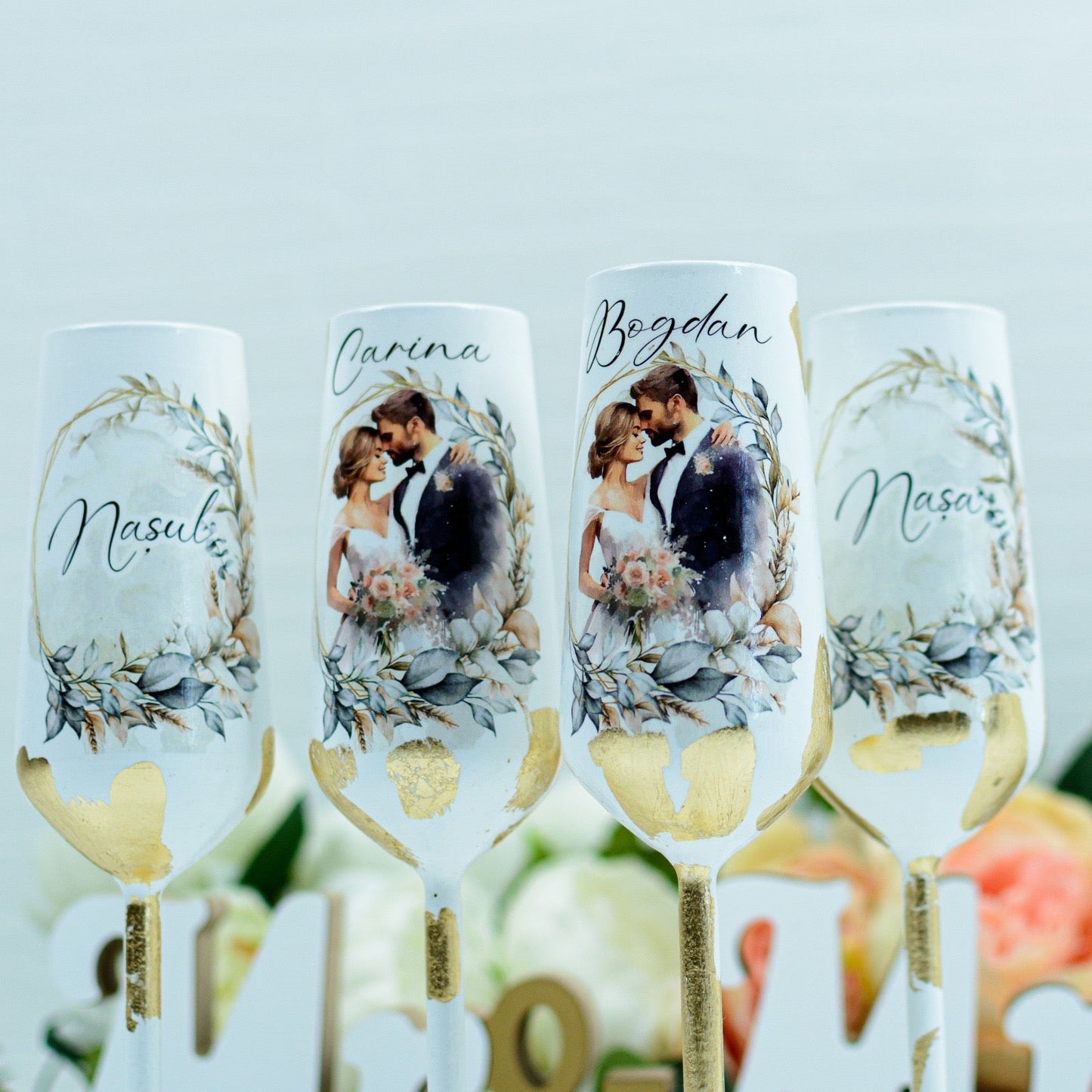 Set pahare nunta personalizate cu Foita aurie-Dream Wedding RoHandWork