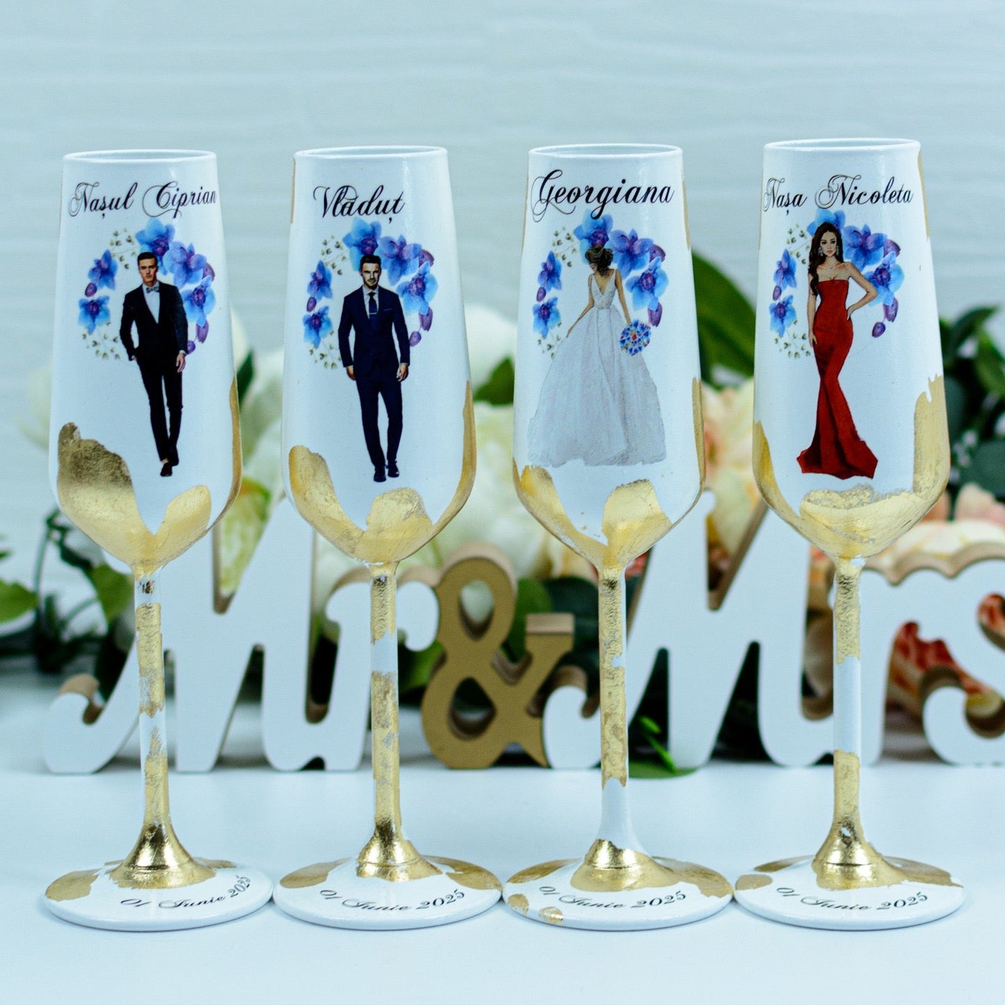 Set pahare nunta personalizate cu Foita aurie- Orhidee Albastre RoHandWork