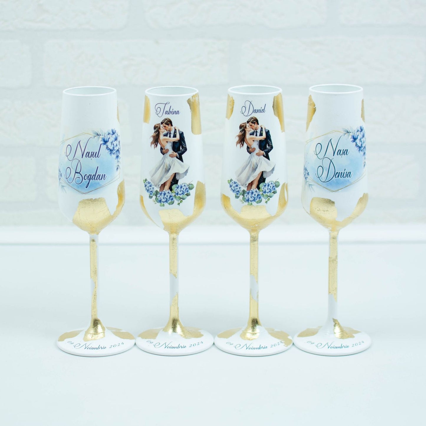 Set pahare nunta personalizate cununie civila  si Foita aurie RoHandWork