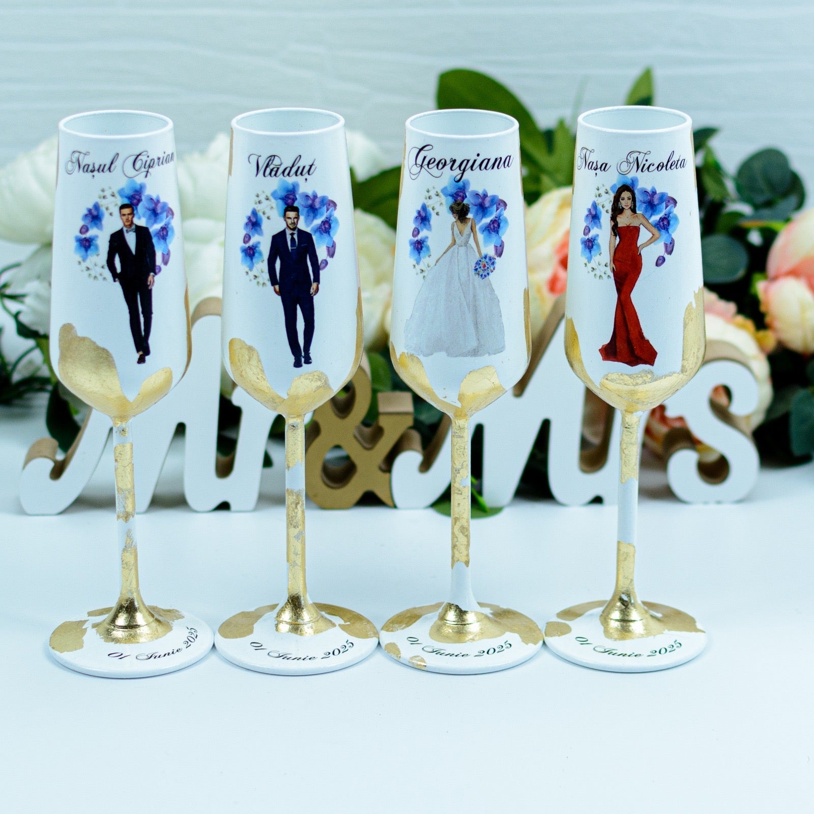 Set pahare nunta personalizate cu Foita aurie- Orhidee Albastre RoHandWork