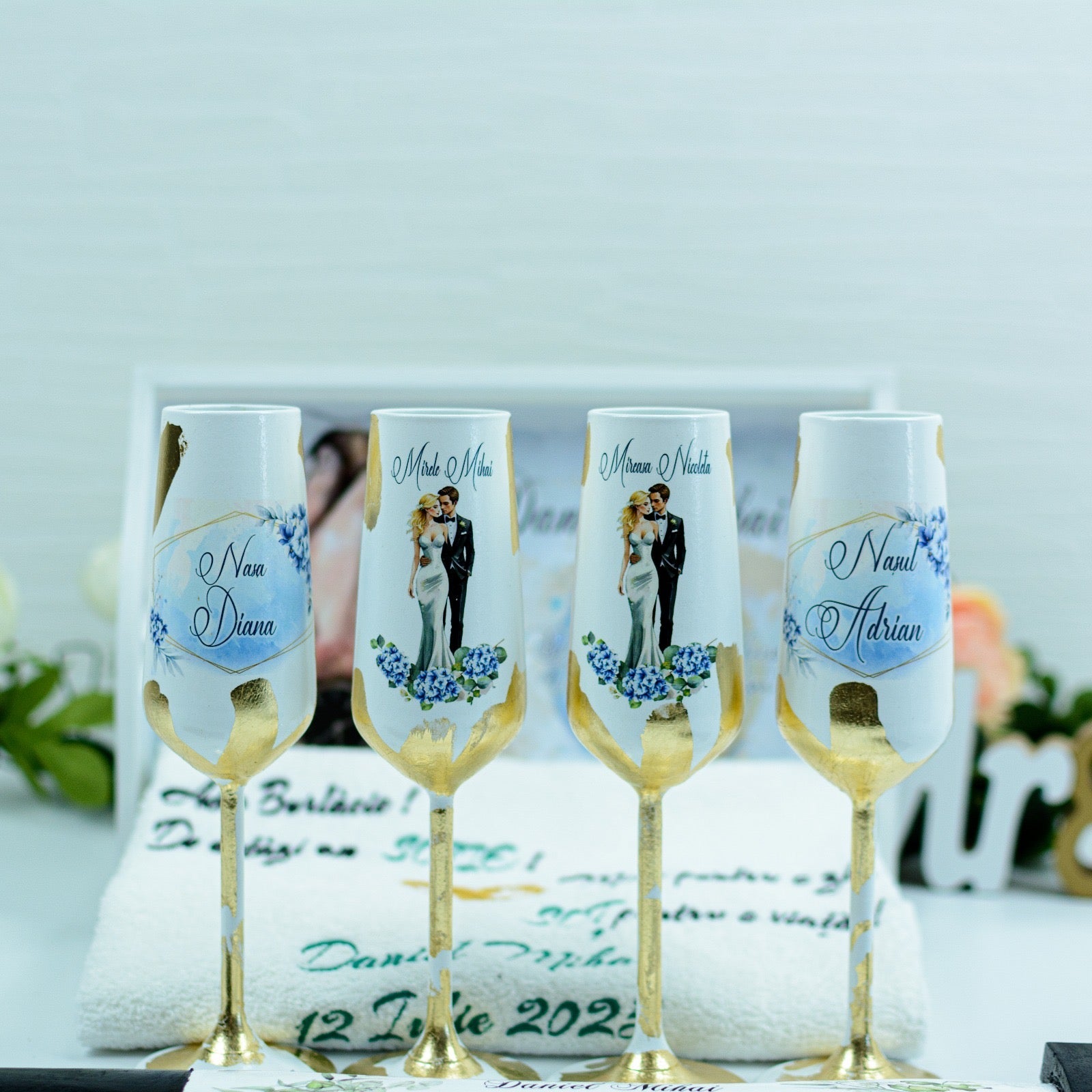 Set pahare nunta personalizate cu Foita aurie -Baby Blue RoHandWork