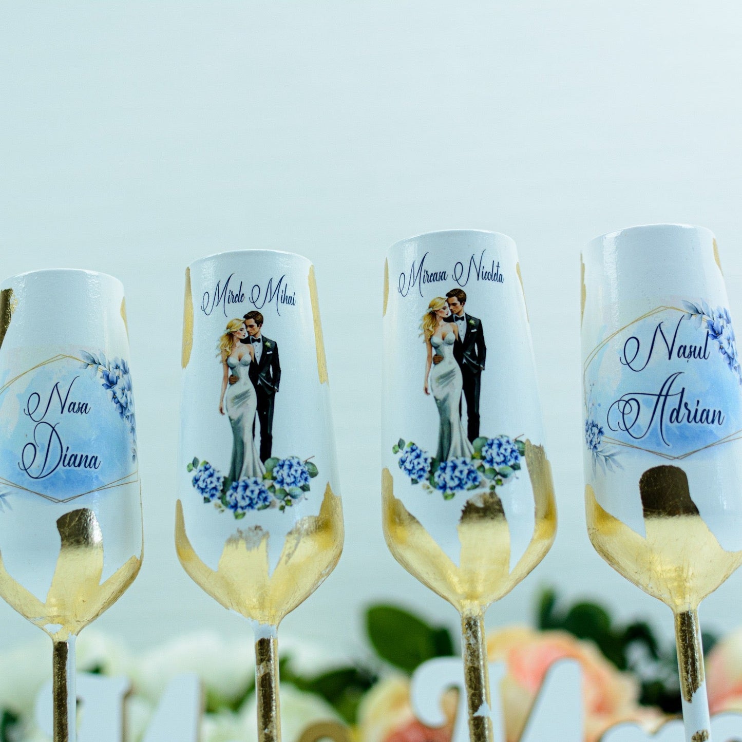 Set pahare nunta personalizate cu Foita aurie -Baby Blue RoHandWork