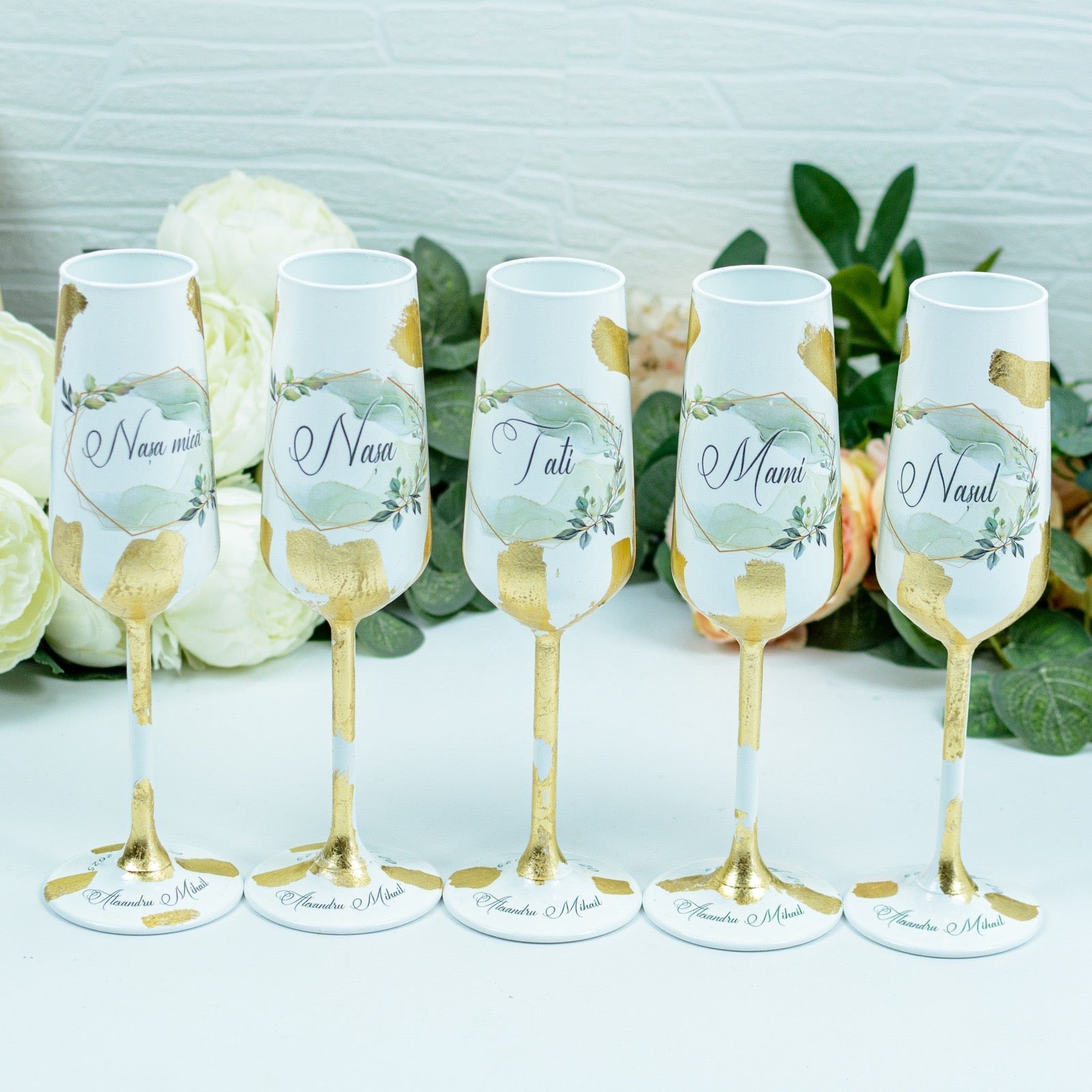 Set pahare botez personalizate cu Foita aurie -Frunze RoHandWork