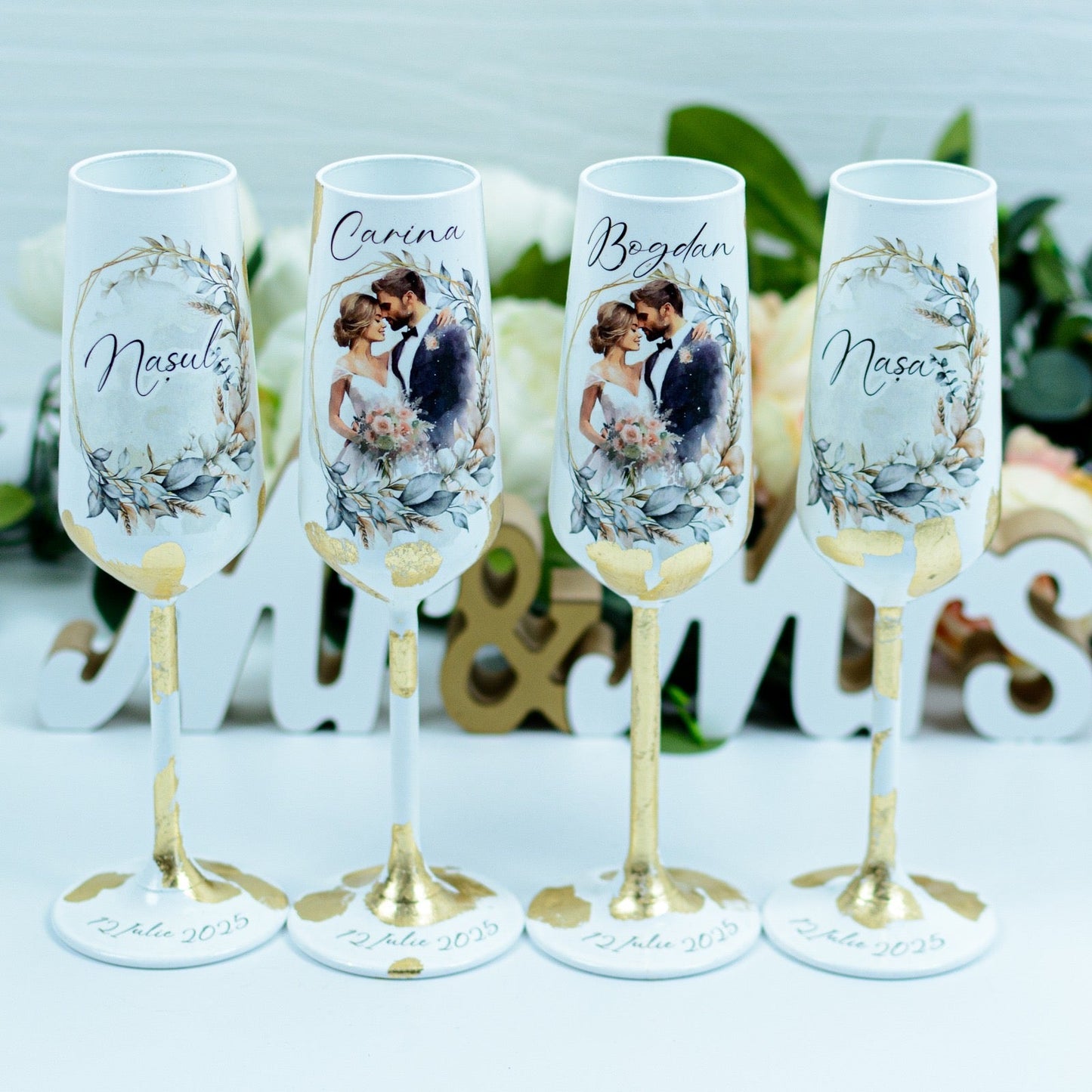 Set pahare nunta personalizate cu Foita aurie-Dream Wedding RoHandWork