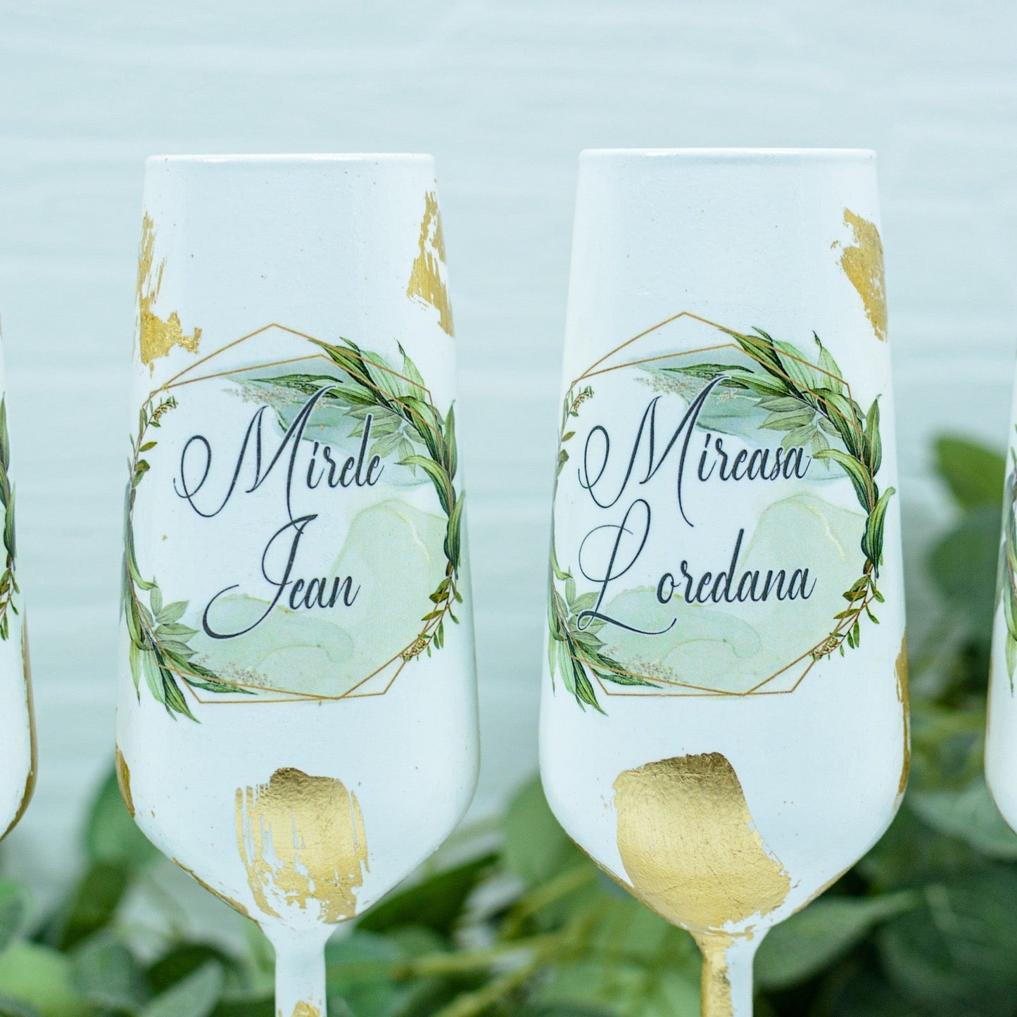 Set pahare nunta cu Foita aurie si frunze RoHandWork