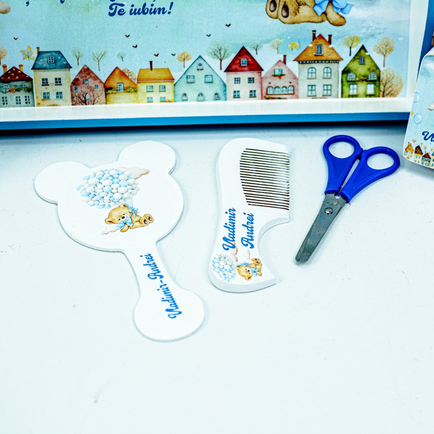 Set mot Ursuleț vesel cu baloane - set tava taiere mot personalizat RoHandWork