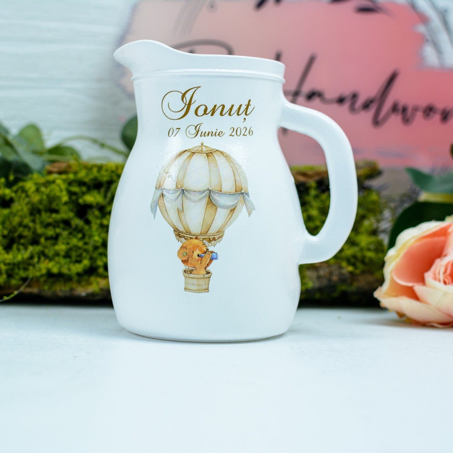 Carafa botez - Canta de botez Ursulețul în balon Bej RoHandWork