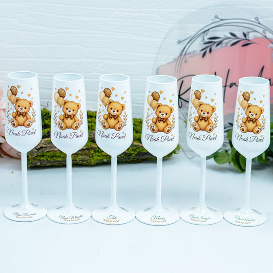 Pahare Personalizate pentru Botez Ursuleț cu baloane bej RoHandWork