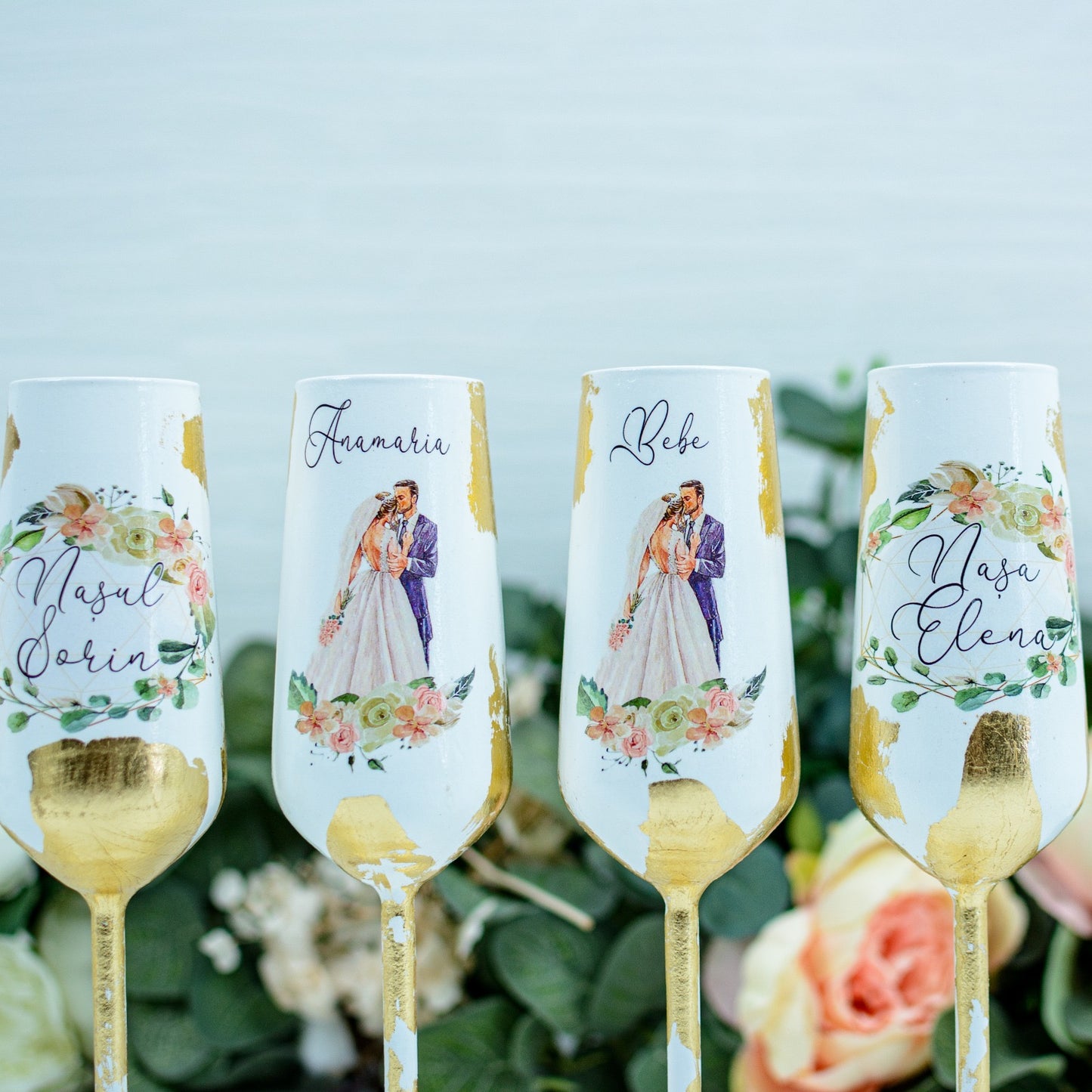 Set pahare nunta personalizate cu Foita aurie -Rohandwork