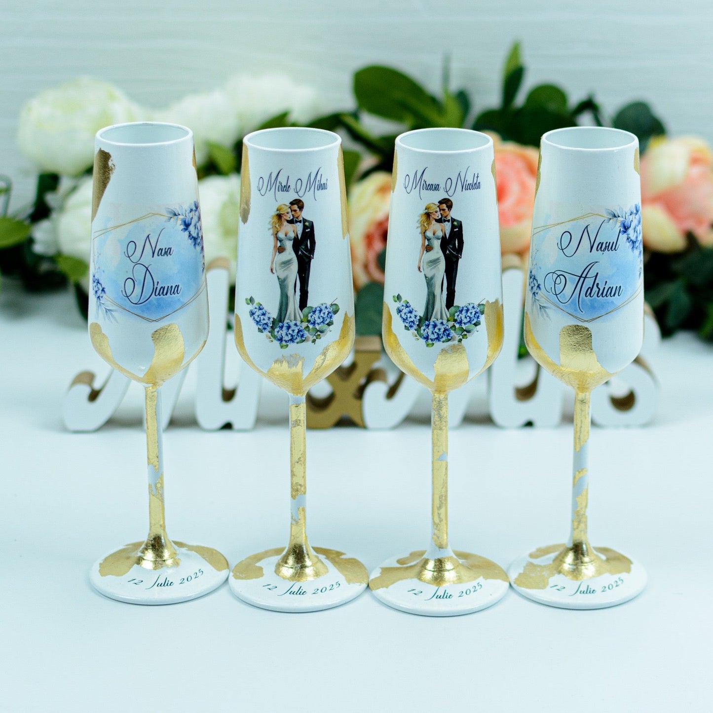 Set pahare nunta personalizate cu Foita aurie -Baby Blue RoHandWork