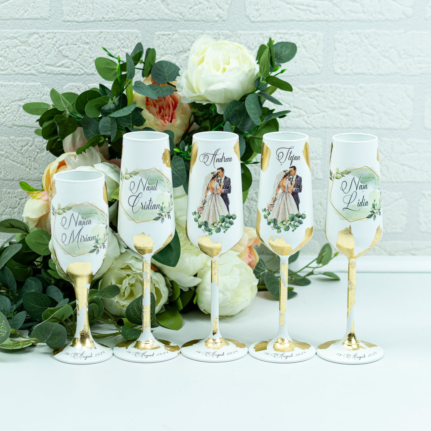 Set pahare cu Foita aurie si fundal Green - RoHandWork