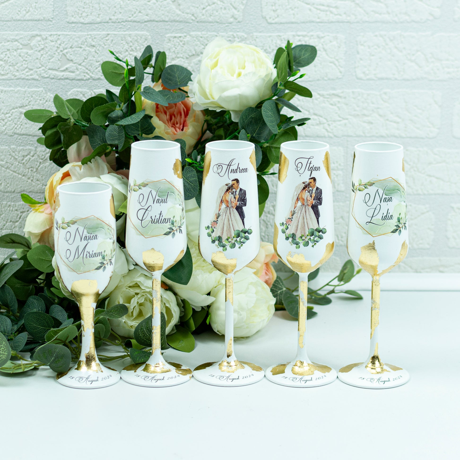 Set pahare cu Foita aurie si fundal Green - RoHandWork