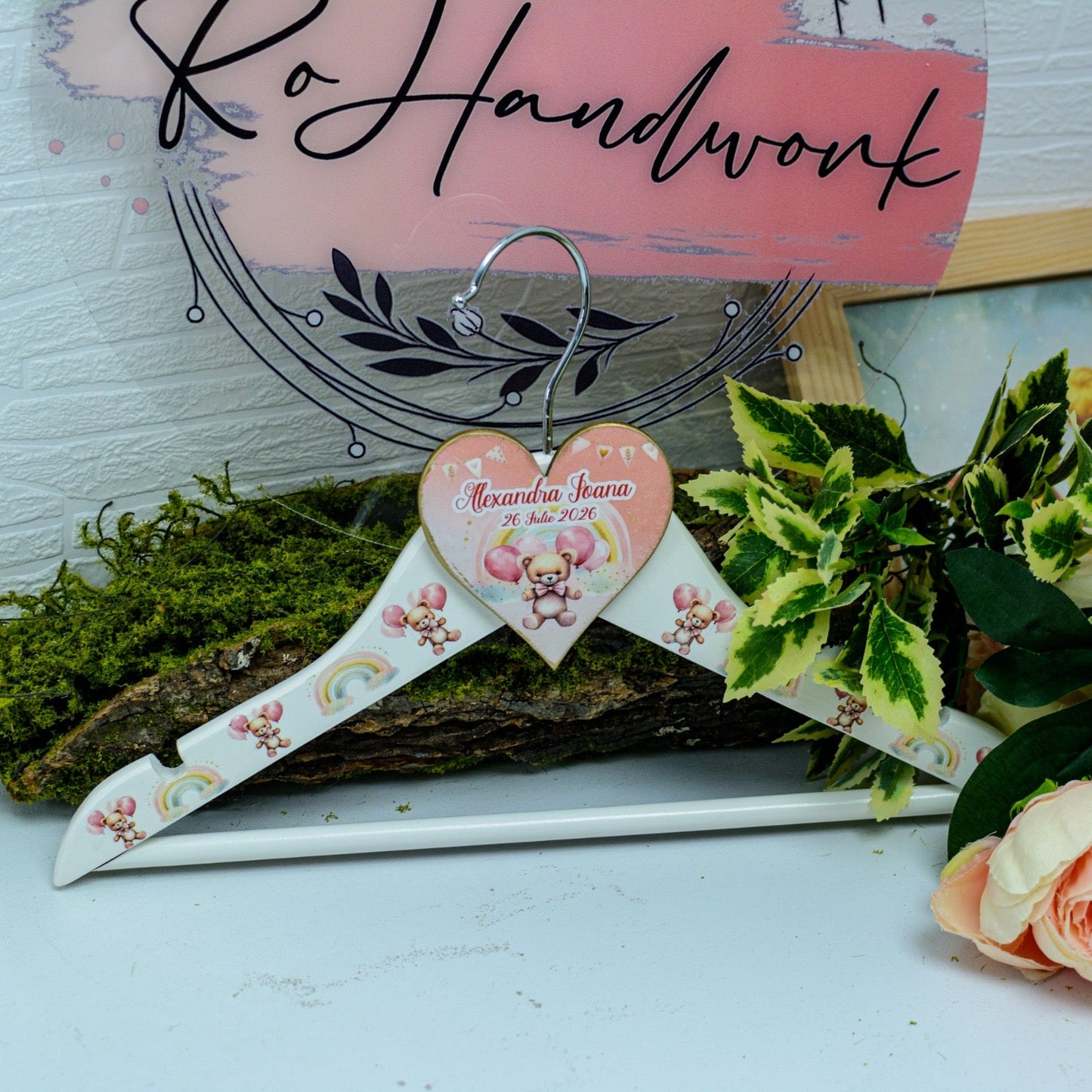 Umeras copil botez personalizat Ursuleț și curcubeu RoHandWork