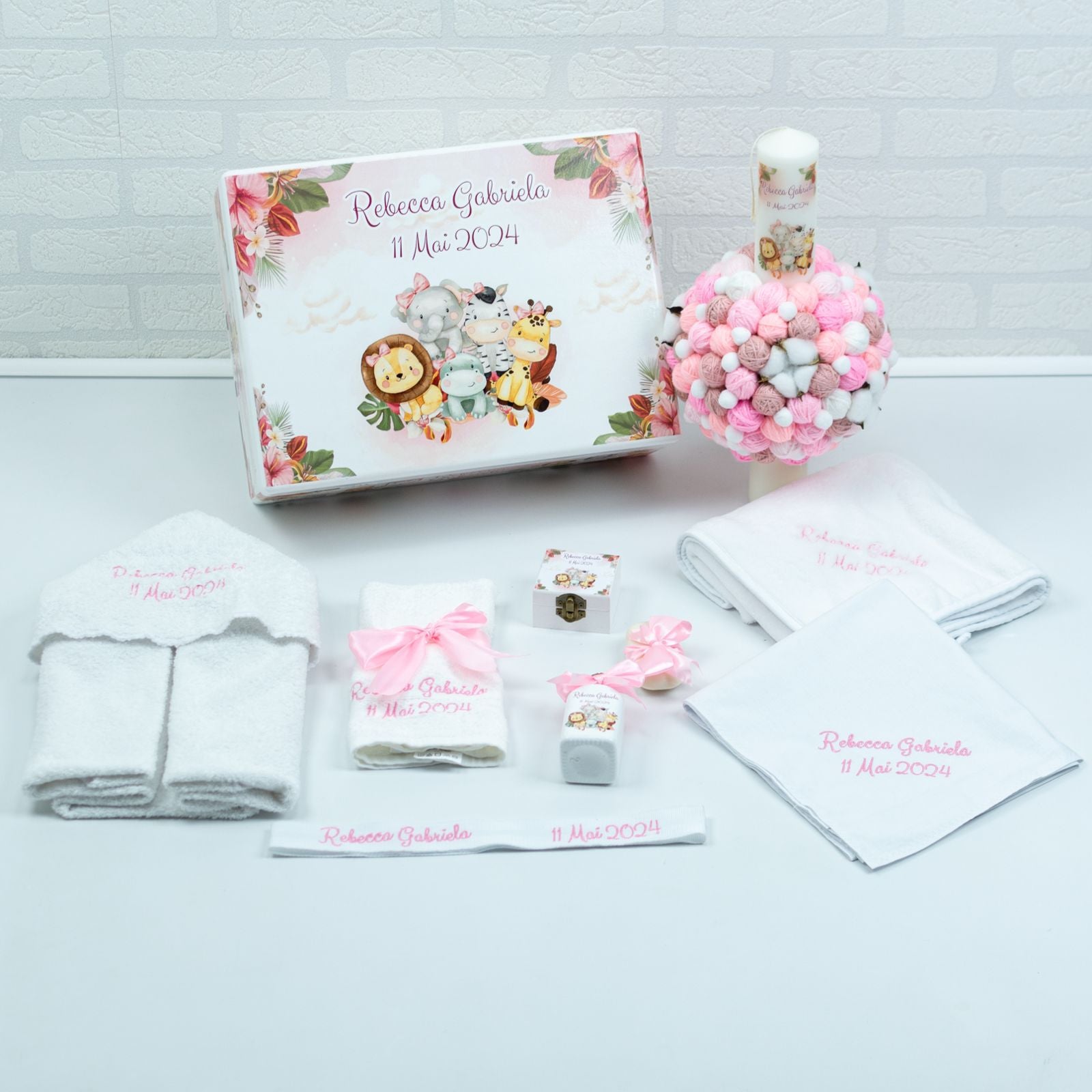 Set trusou botez Animalute in Jungla Roz fetita - RoHandWork