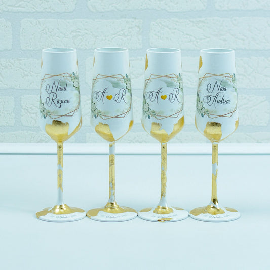 Set pahare cu Foita aurie White Flowers - RoHandWork