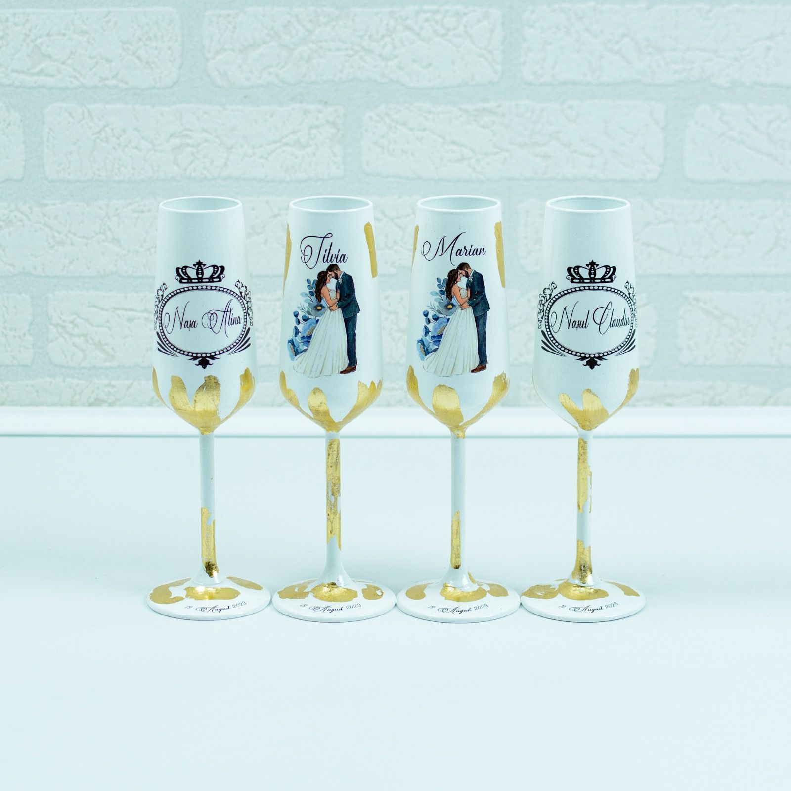 Set pahare cu Foita aurie si Siluete Flori albastre - RoHandWork