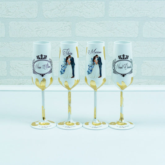 Set pahare cu Foita aurie si Siluete Flori albastre - RoHandWork