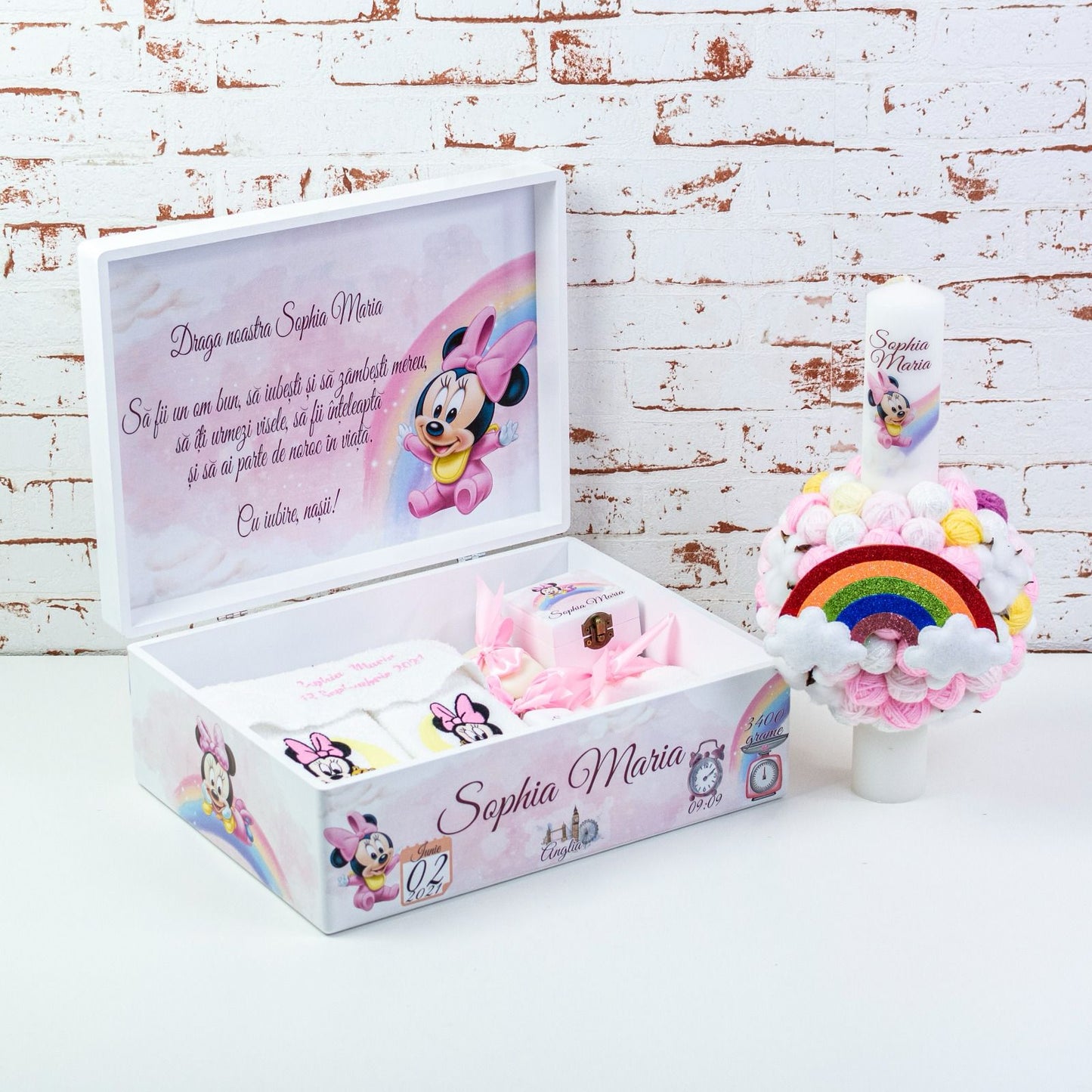 Set trusou botez Baby Minnie pe curcubeu - RoHandWork
