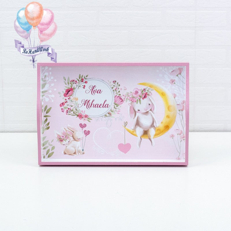 Set mot personalizat Iepuras pe luna roz-set tava pentru taiere mot - RoHandWork