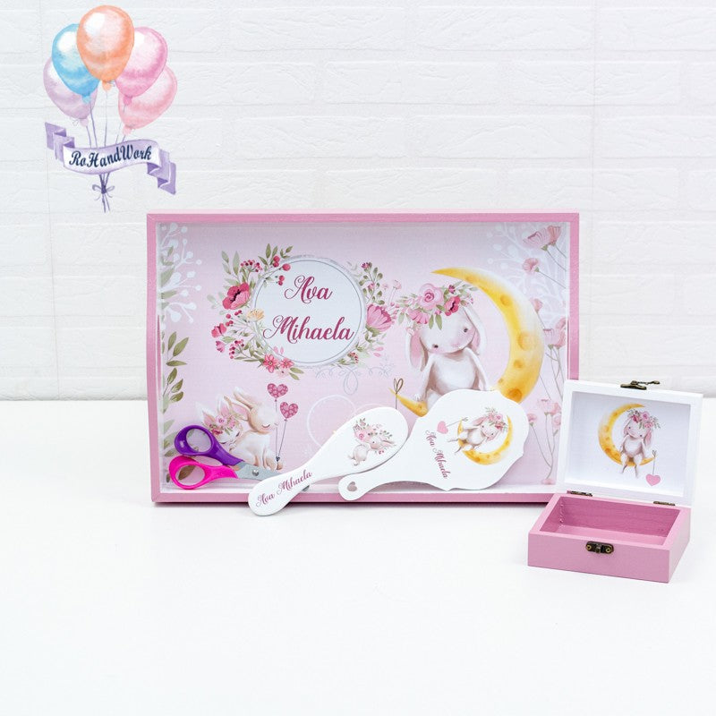 Set mot personalizat Iepuras pe luna roz-set tava pentru taiere mot - RoHandWork