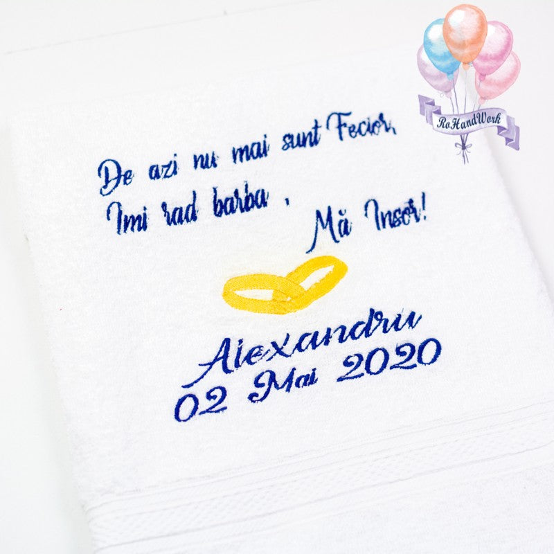 Prosop pentru mire brodat si personalizat cu verighete RoHandWork