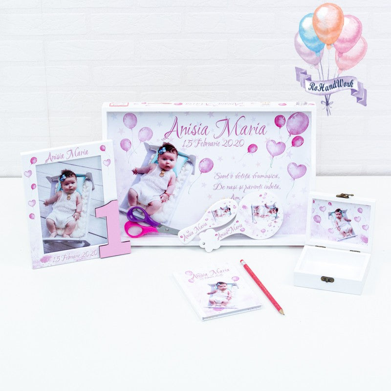 Set mot personalizat cu Baloane roz si poza-set tava pentru taiere mot - RoHandWork