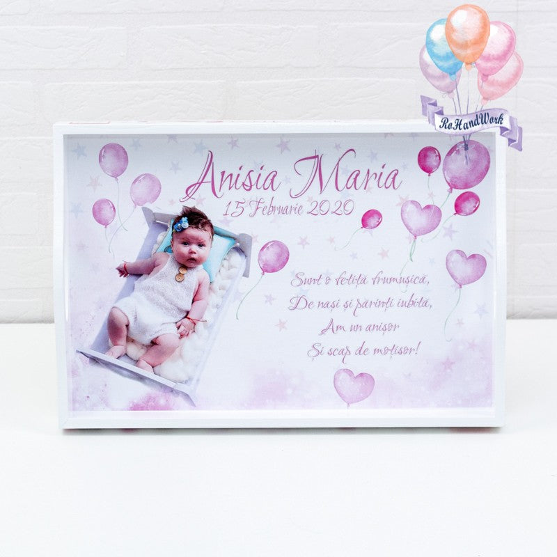 Set mot personalizat cu Baloane roz si poza-set tava pentru taiere mot - RoHandWork