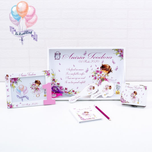 Set taiere mot personalizat cu tema fetita cu flori