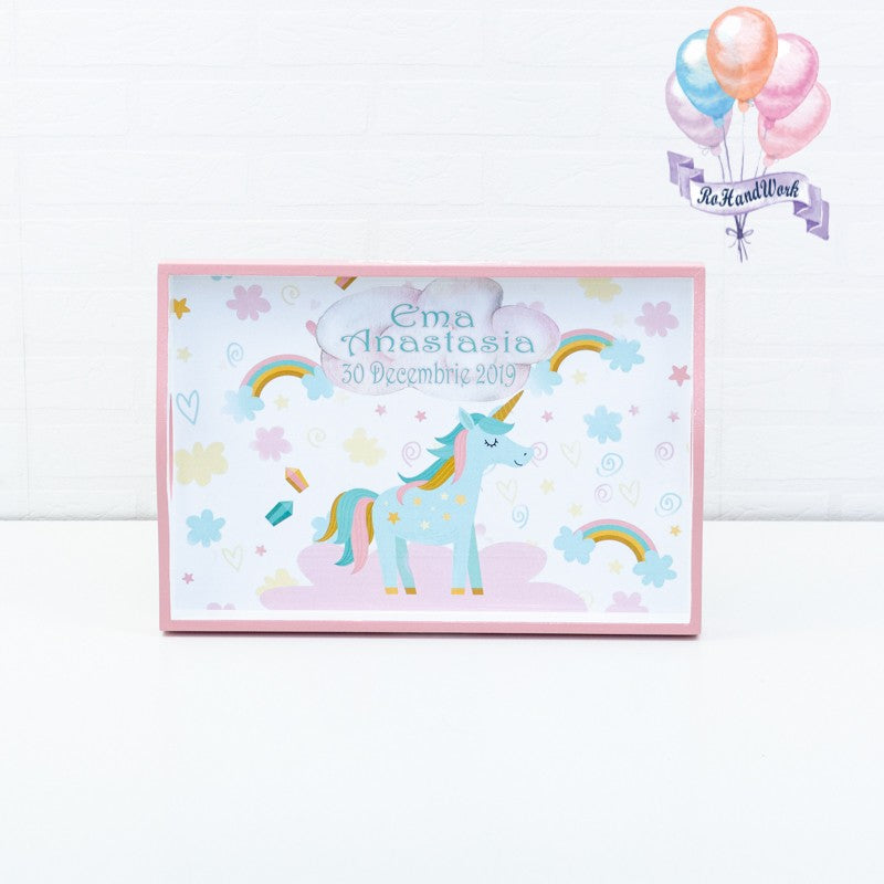 Set tava pentru taiere mot personalizat Unicorn roz curcubeu- set turta personalizat - RoHandWork
