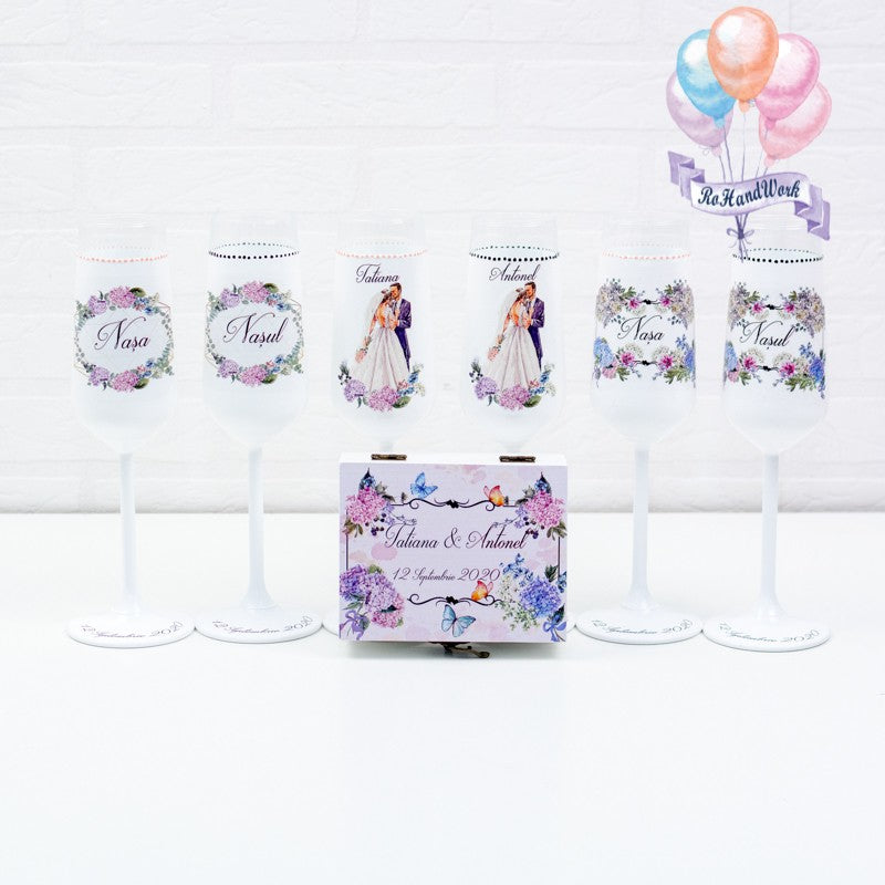 Set pahare Nunta miri si nasi Hortensii - RoHandWork