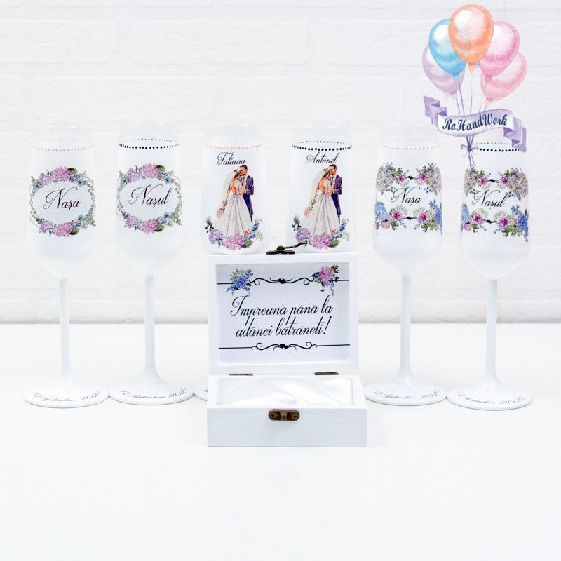 Set pahare Nunta miri si nasi Hortensii - RoHandWork
