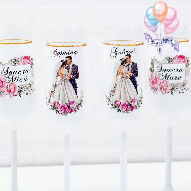 Set pahare Nunta Trandafiri Romantici - RoHandWork