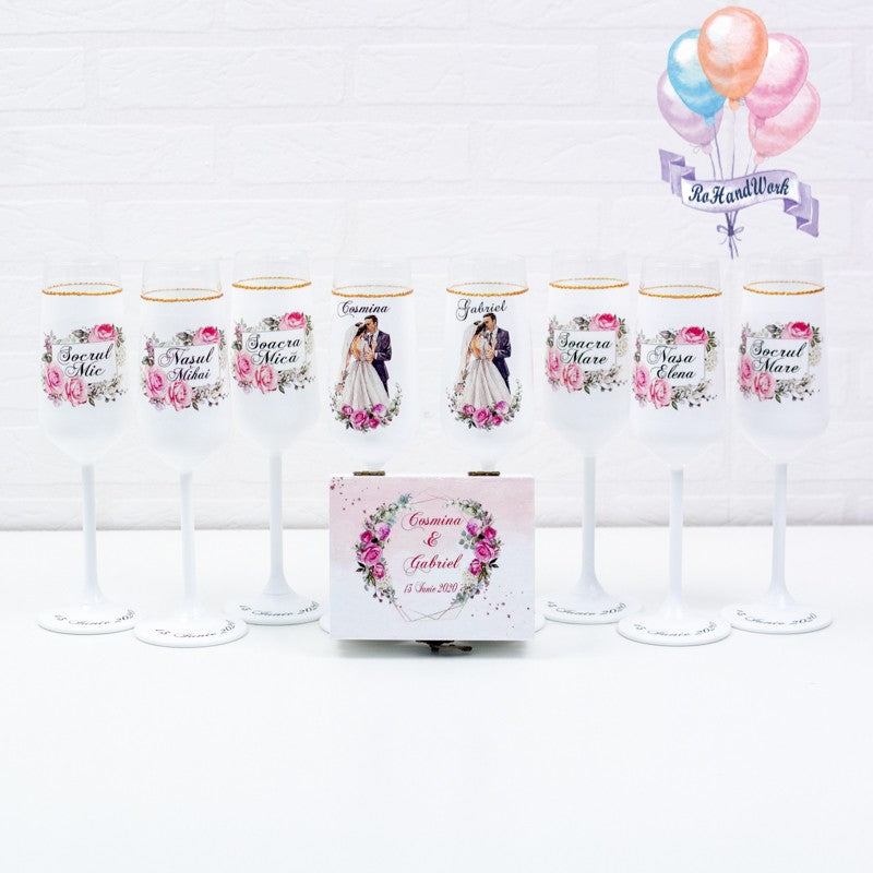 Set pahare Nunta Trandafiri Romantici - RoHandWork