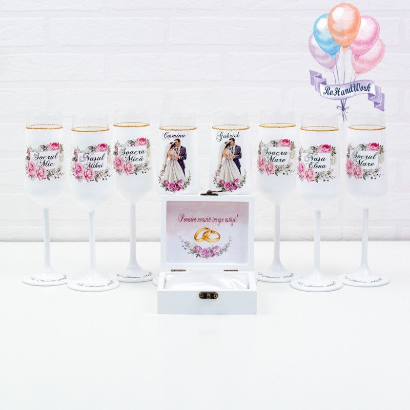 Set pahare Nunta Trandafiri Romantici - RoHandWork