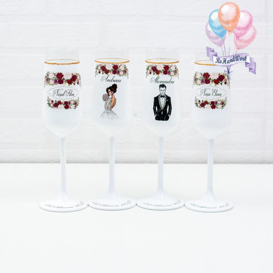 Set pahare Nunta trandafiri rosii si albi - RoHandWork