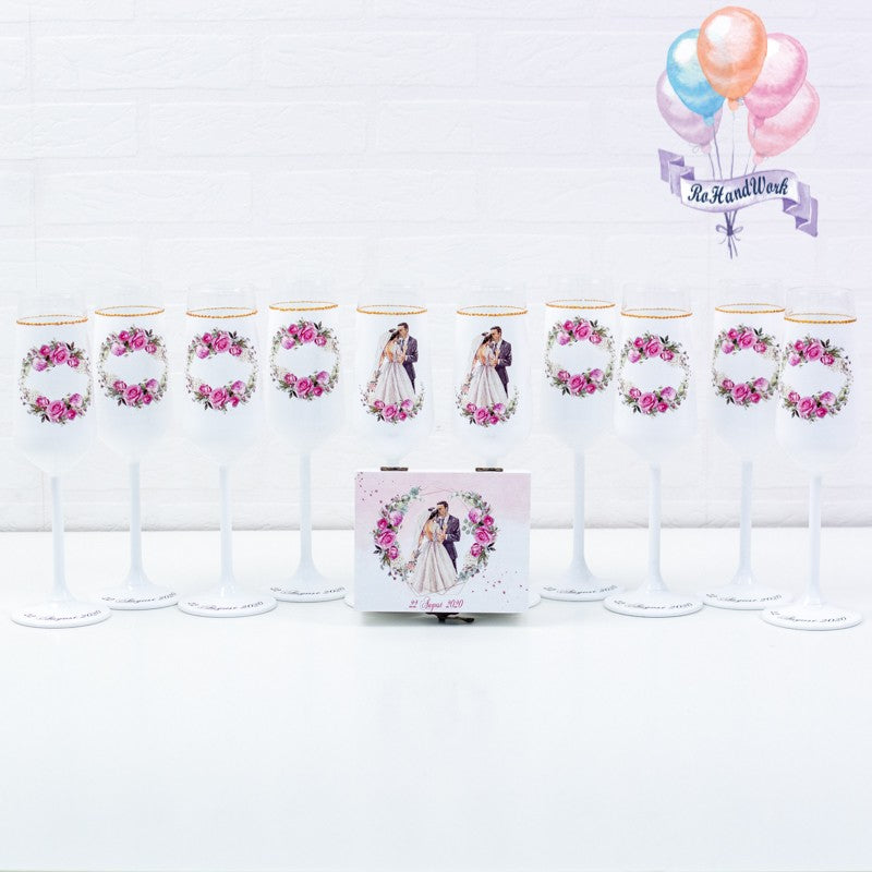 Set pahare Nunta Trandafiri Ciclam - RoHandWork