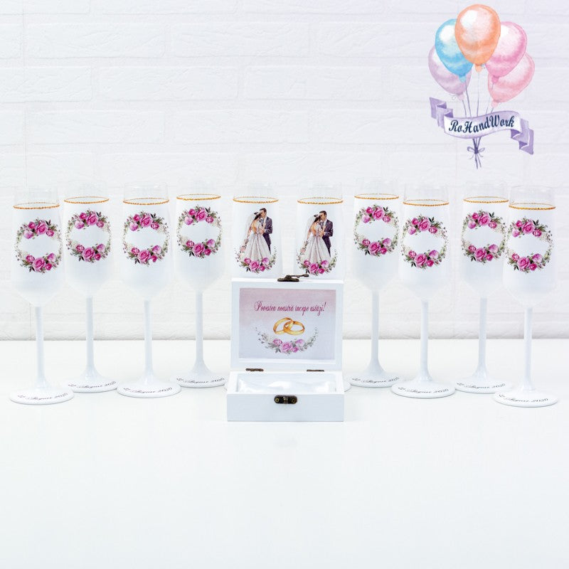 Set pahare Nunta Trandafiri Ciclam - RoHandWork