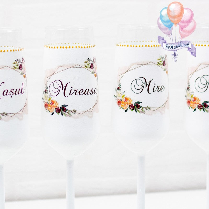 Set pahare Nunta emblema florala simpla - RoHandWork