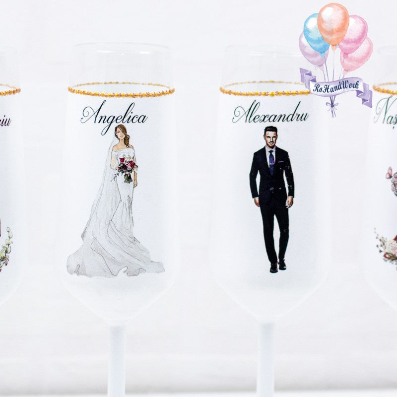 Set Pahare Nuntă - Buchet Trandafiri Roz - RoHandWork