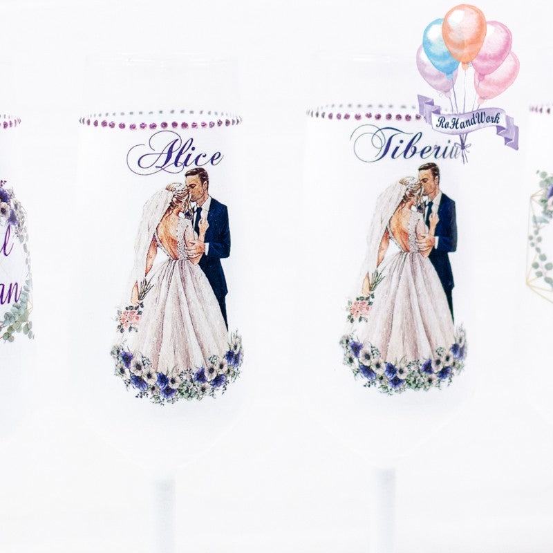 Set Pahare Nuntă - Miri cu Flori Mov - RoHandWork