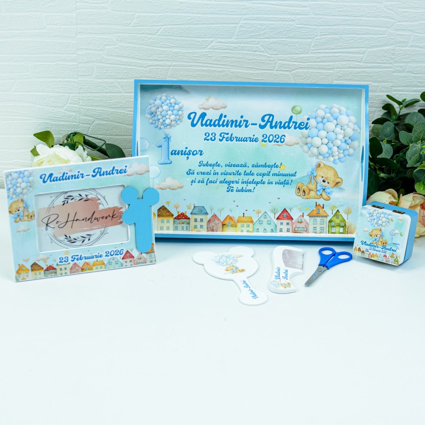 Set mot Ursuleț vesel cu baloane   - set tava taiere mot personalizat RoHandWork