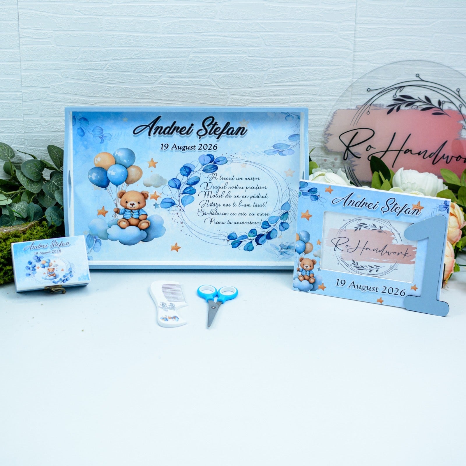 Set Moț Personalizat Ursul cu baloane – Tavă pentru Tăierea Moțului Băiețel RoHandWork