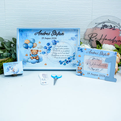 Set Moț Personalizat Ursul cu baloane – Tavă pentru Tăierea Moțului Băiețel RoHandWork