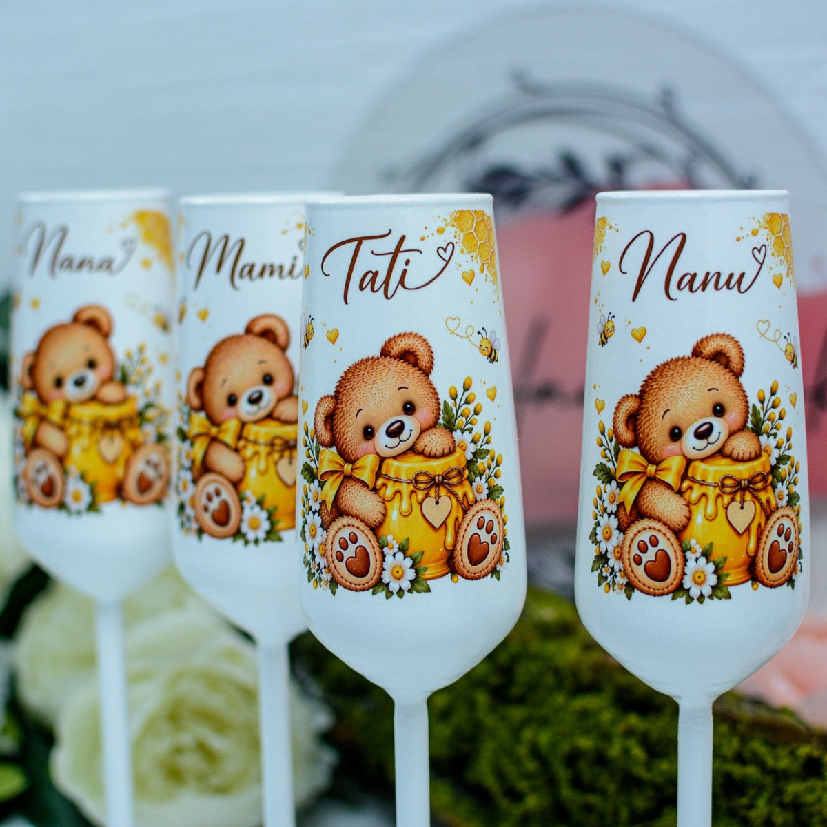 Pahare Personalizate pentru Botez Ursuleț cu borcan cu miere RoHandWork