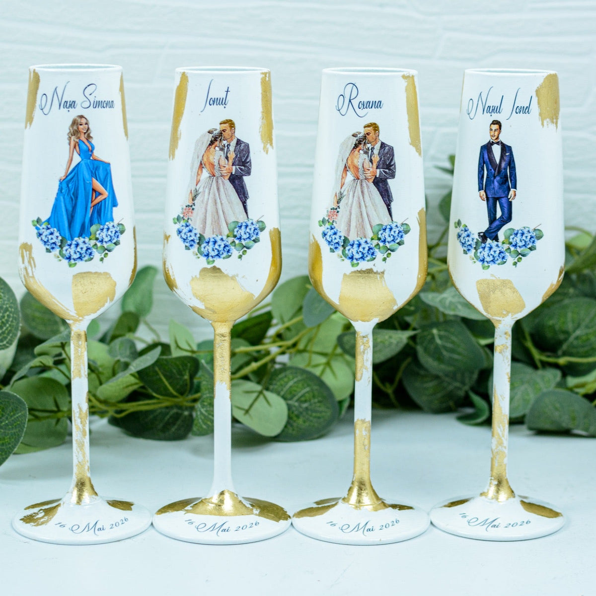 Set pahare nunta baby blue cu Foita aurie si siluete RoHandWork