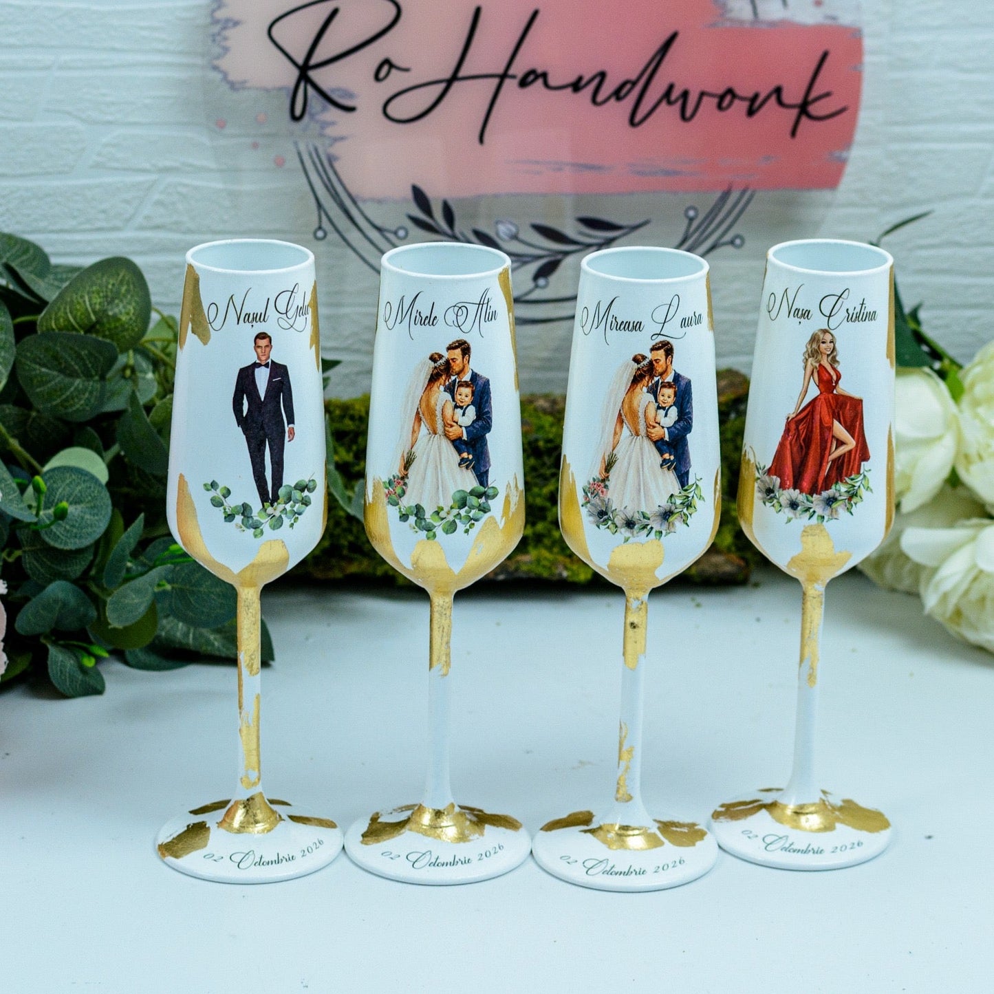Set pahare nunta personalizate cu Foita aurie și siluete RoHandWork
