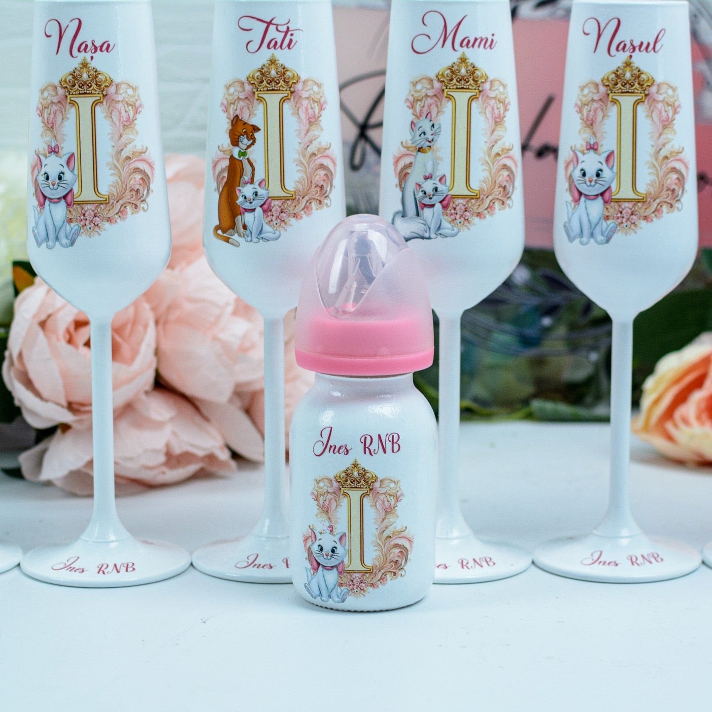 Set pahare botez Pisică Marie și nume RoHandWork